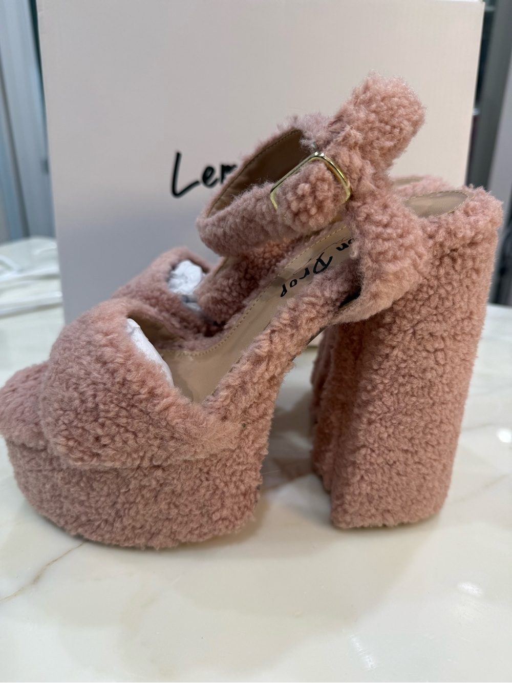 Lemon Drop by Privileged Archie Pink Fuzzy Platform Heels - Picture 3 of 5